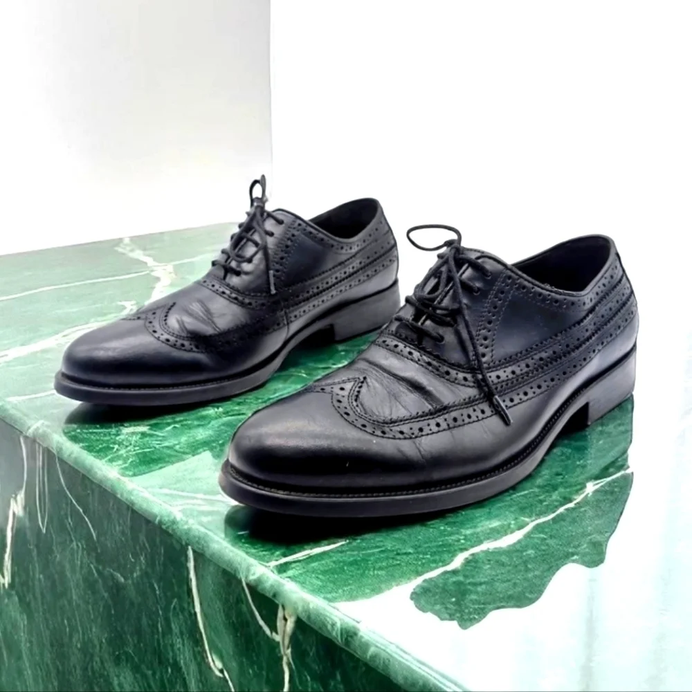 Johnston And Murphy Sz 9.5 Black Sheepskin Leather Duvall Oxford Wingtip Shoes